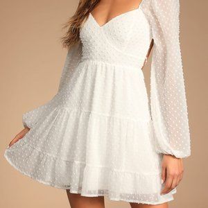 Lulu's Longing And Love White Swiss Dot Puffed Long Sleeve Mini Dress